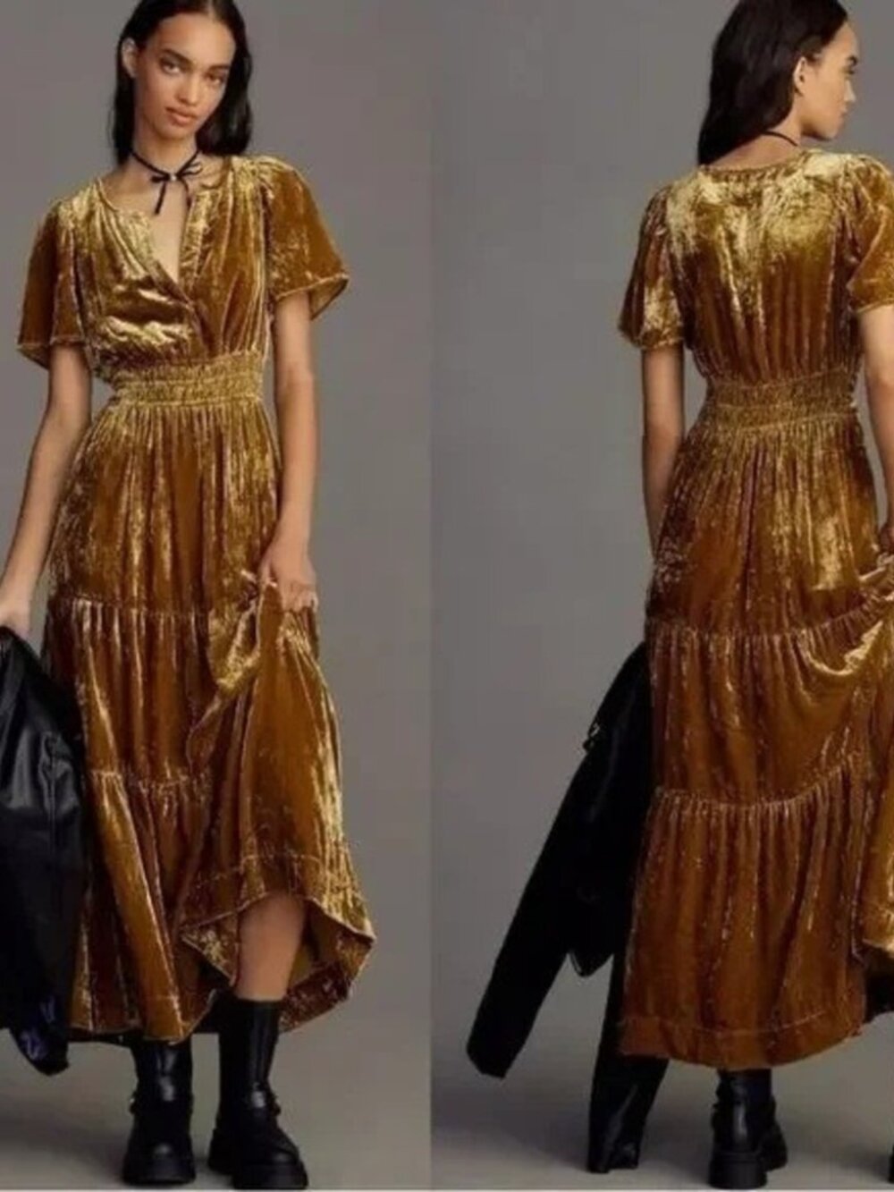 Anthropologie Somerset Velvet Maxi Dress, Gold, Size M